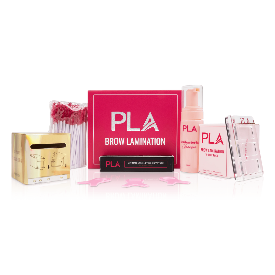 PLA's Brow Lamination Line: Brow Lamination Kit, (view of the box and products in kit)