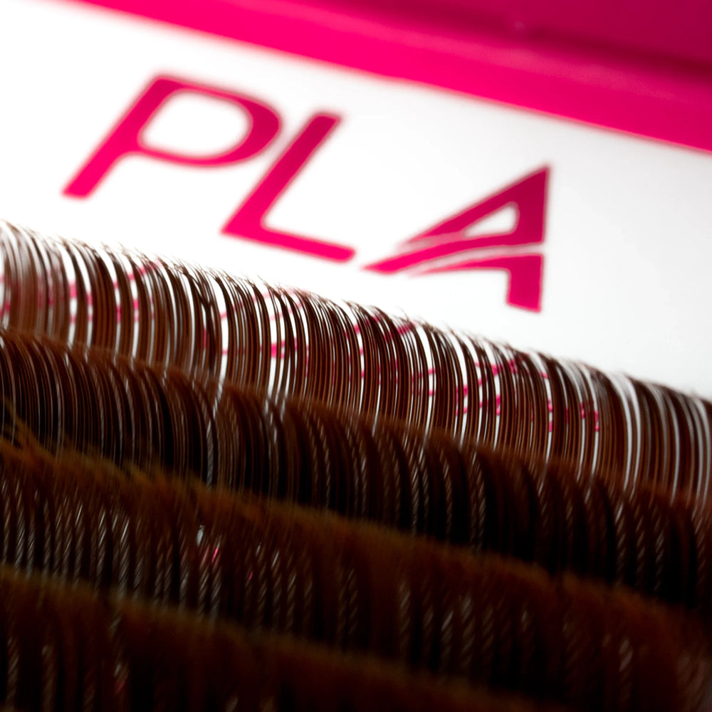 PLA Lash Extension Samples - Brown Flat Lash Tray (close up view of lashes in tray)
