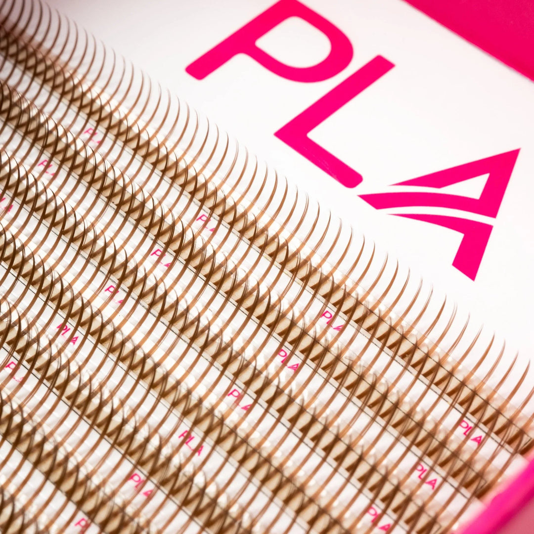 Wet Set Lashes from PLA — Light Brown Lash Extensions (close up view of the open lash tray)