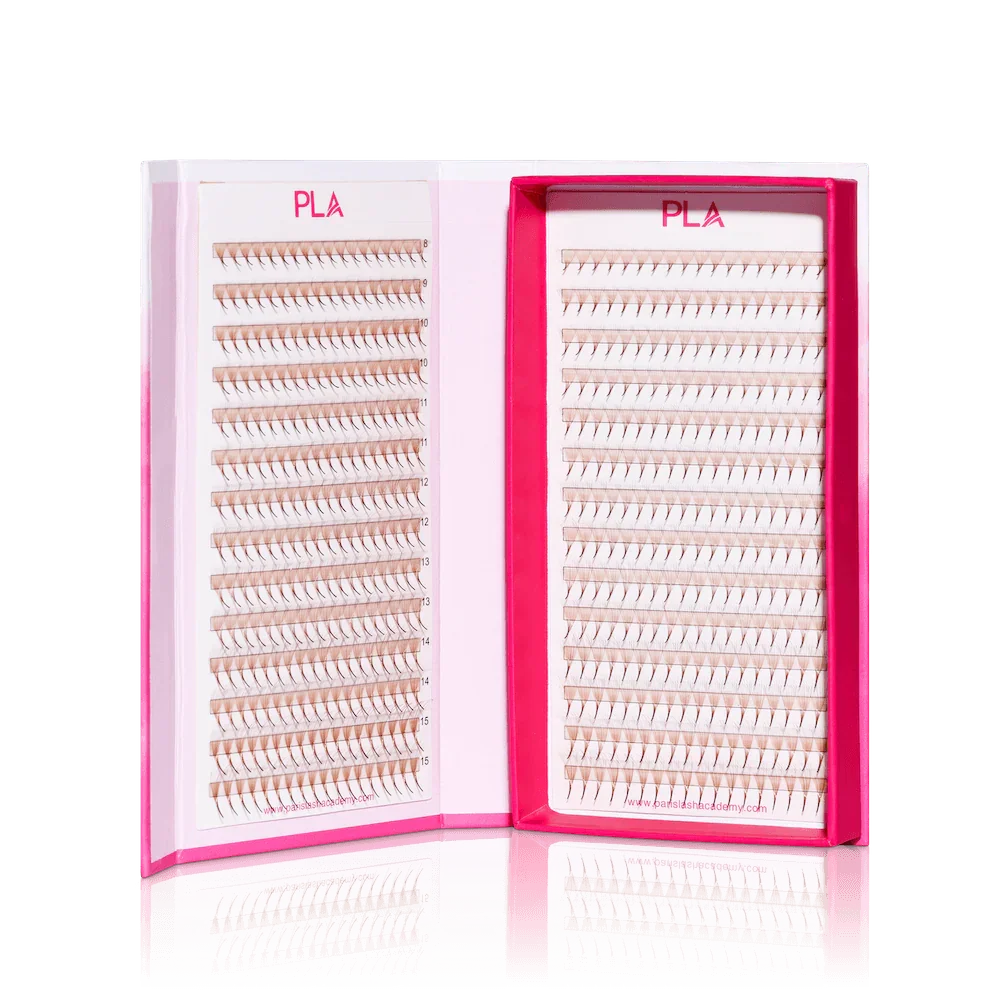 Colored lashes from the PLA Bold Collection: 10D ProMade Lash Fans, Light Brown (8-15 mm Mix). Front view of open lash tray