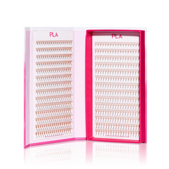 Colored lashes from the PLA Bold Collection: 10D ProMade Lash Fans, Light Brown (8-15 mm Mix). Front view of open lash tray
