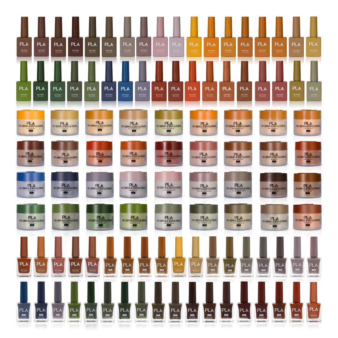 PLA Trio Nail Collection Set (front view of the gel polishes, lacquer polishes, and dip & acrylic powder jars)