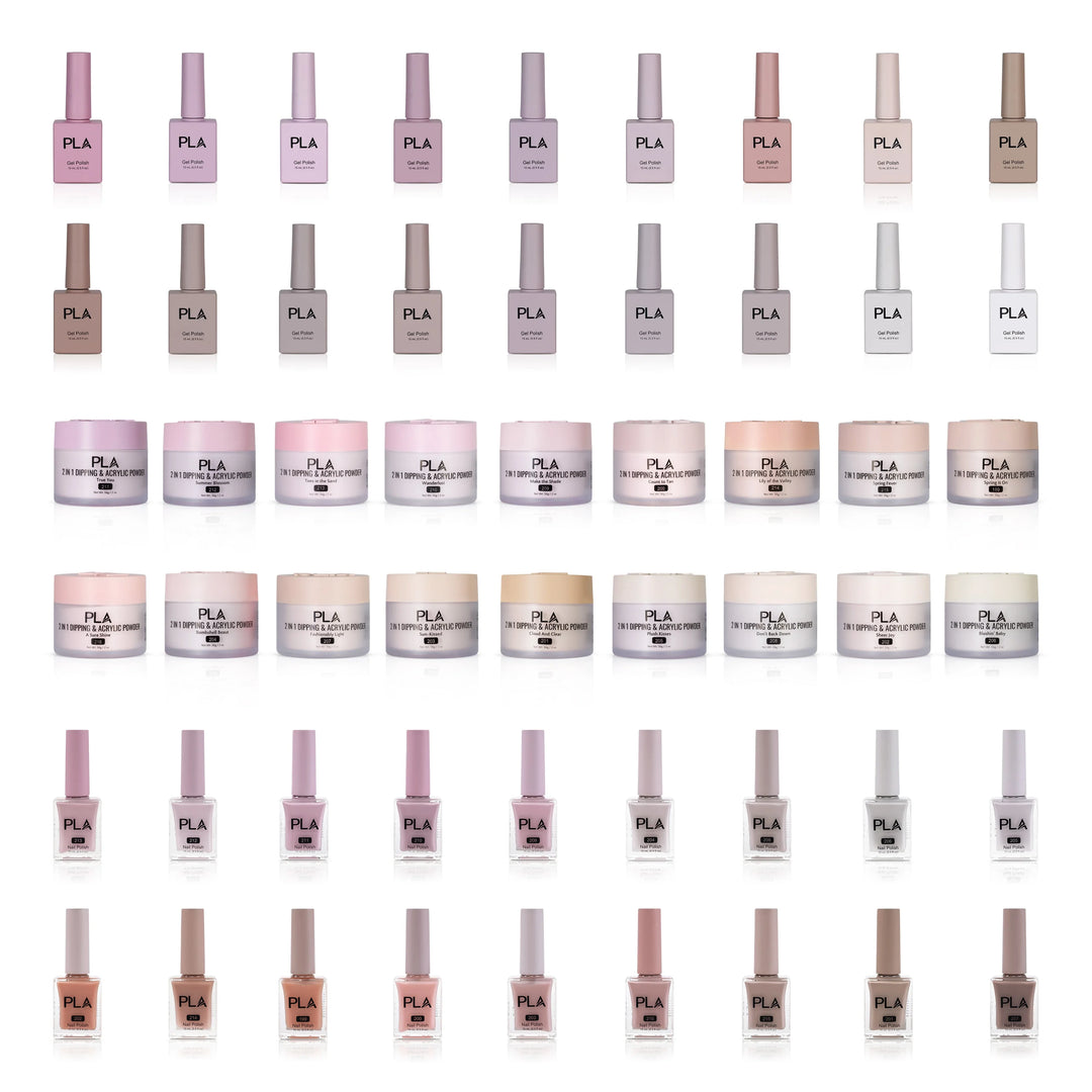 PLA Trio Nail Collection Set (front view of the gel polishes, lacquer polishes, and dip & acrylic powder jars)