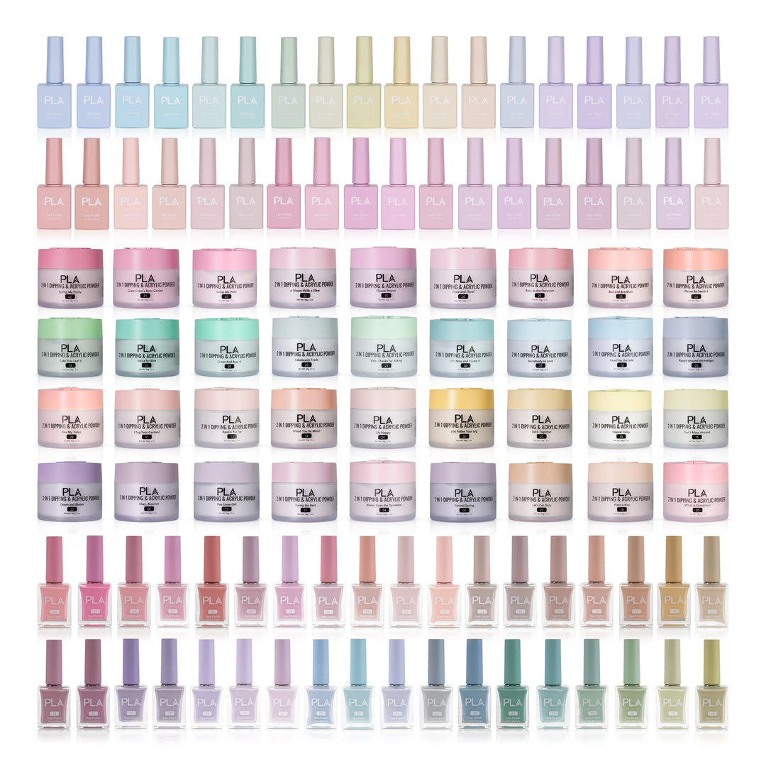 PLA Trio Nail Collection Set (front view of the gel polishes, lacquer polishes, and dip & acrylic powder jars)