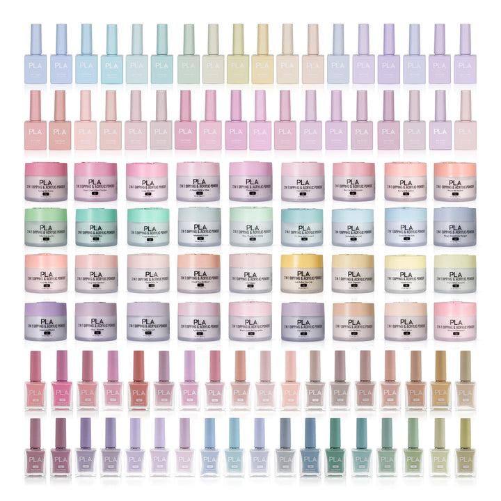 PLA Trio Nail Collection Set (front view of the gel polishes, lacquer polishes, and dip & acrylic powder jars)