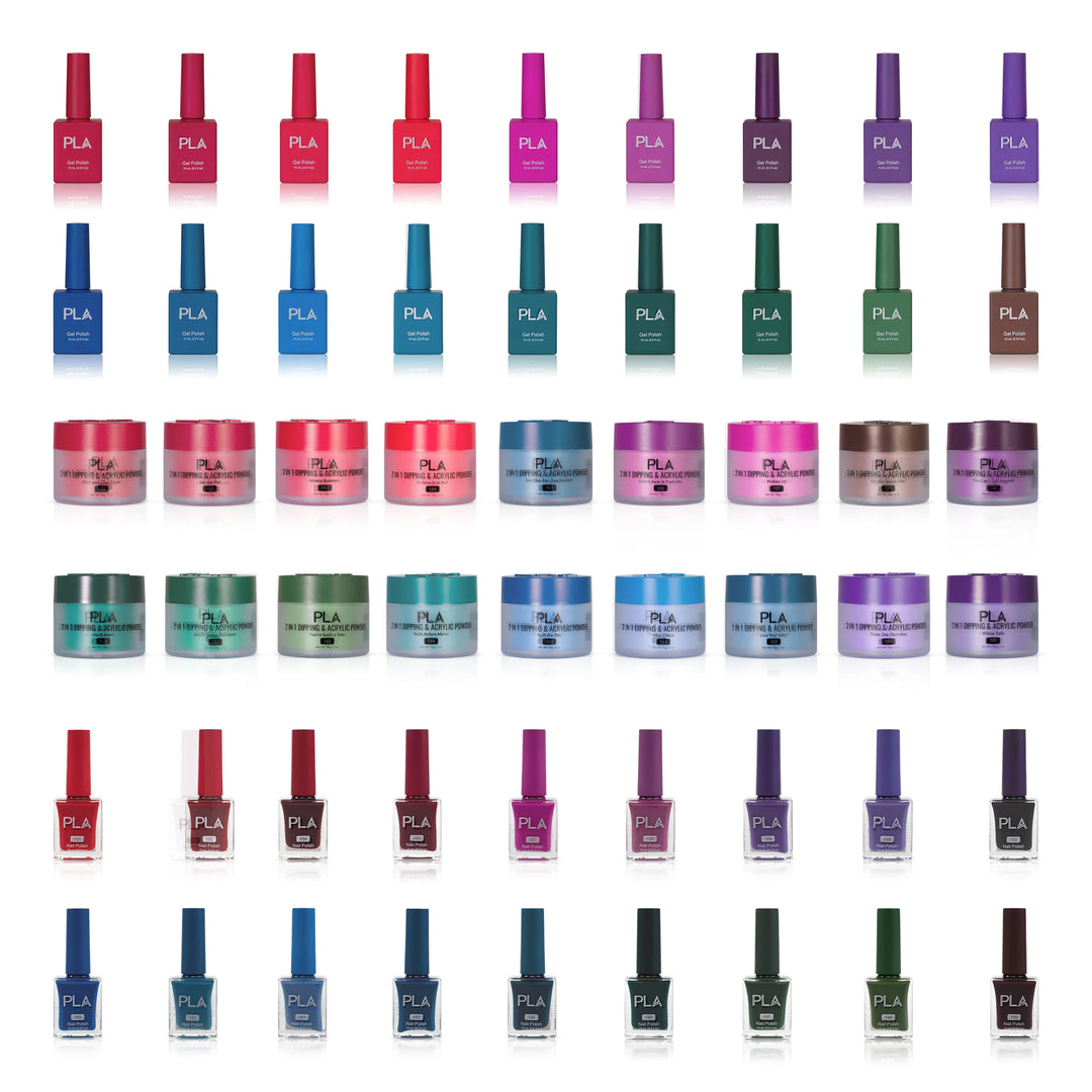 PLA Trio Nail Collection Set (front view of the gel polishes, lacquer polishes, and dip & acrylic powder jars)
