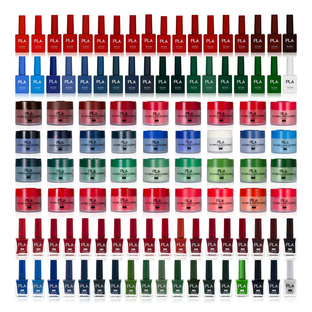PLA Trio Nail Collection Set (front view of the gel polishes, lacquer polishes, and dip & acrylic powder jars)