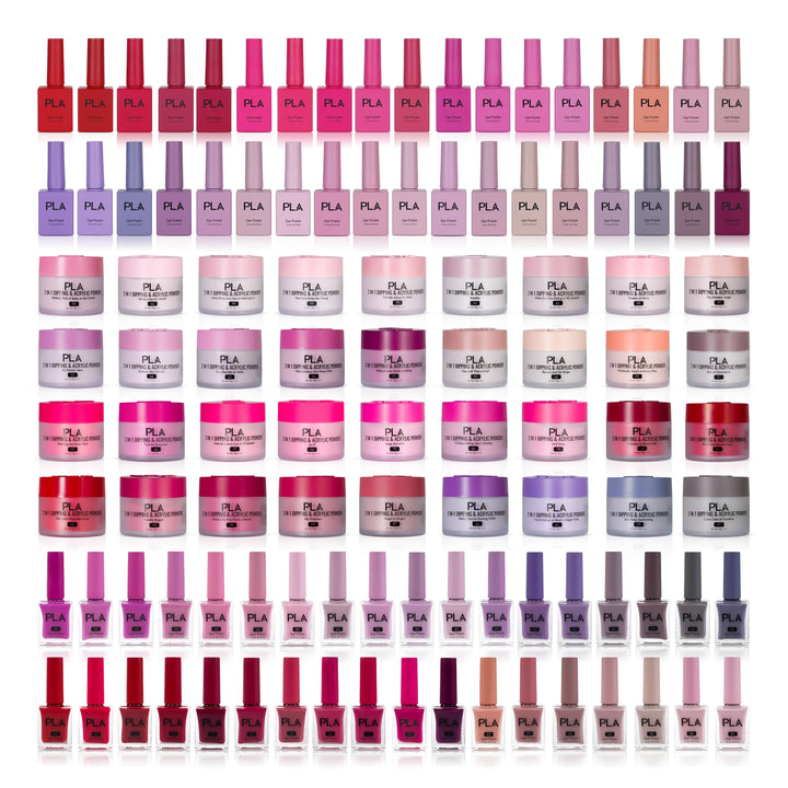 PLA Trio Nail Collection Set (front view of the gel polishes, lacquer polishes, and dip & acrylic powder jars)