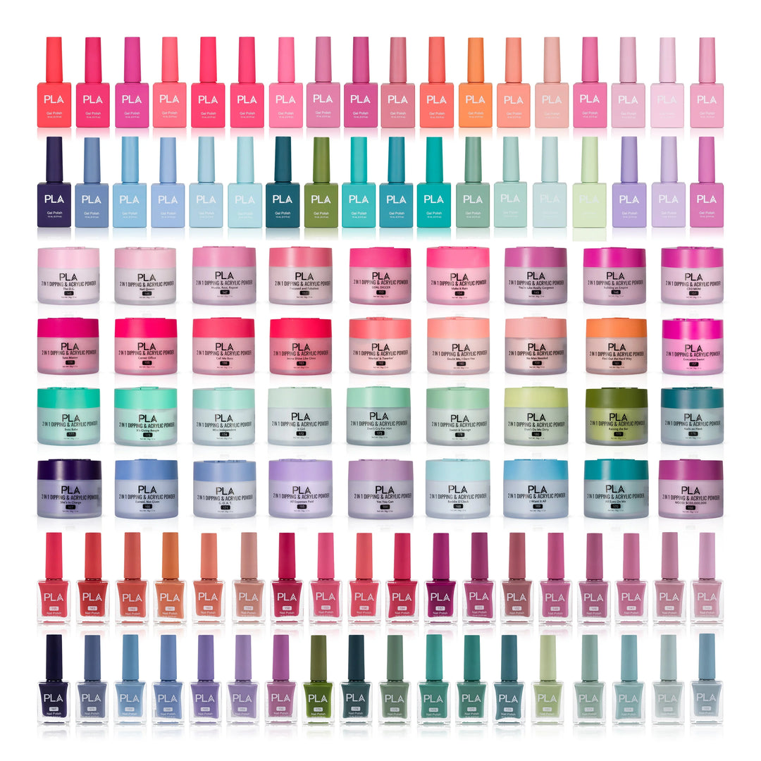 PLA Trio Nail Collection Set (front view of the gel polishes, lacquer polishes, and dip & acrylic powder jars)