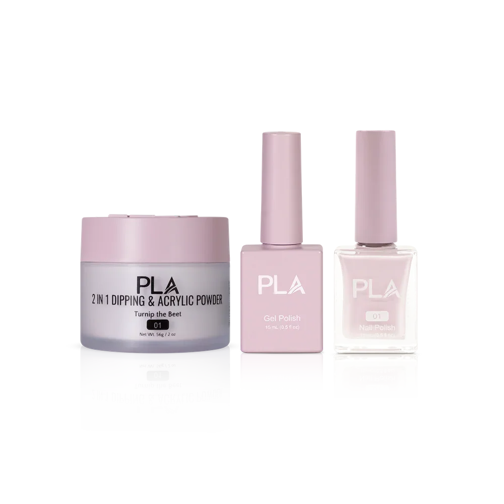 PLA Nail Trio Set (front view of gel polish, lacquer polish, and dip & acrylic powder jar)