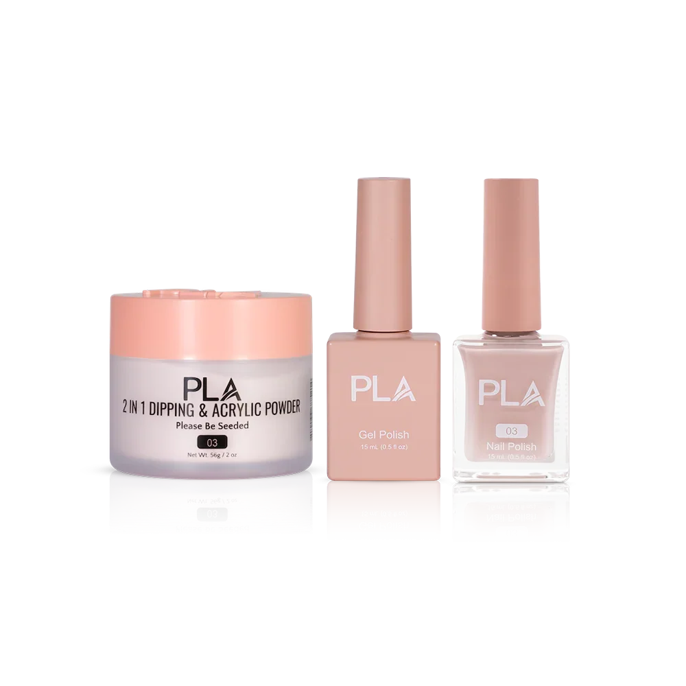 PLA Nail Trio Set (front view of gel polish, lacquer polish, and dip & acrylic powder jar)
