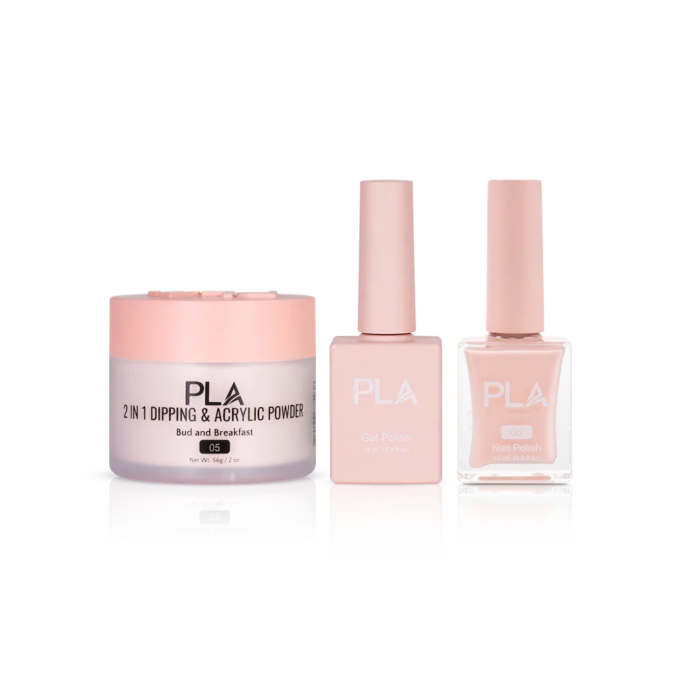PLA Nail Trio Set (front view of gel polish, lacquer polish, and dip & acrylic powder jar)