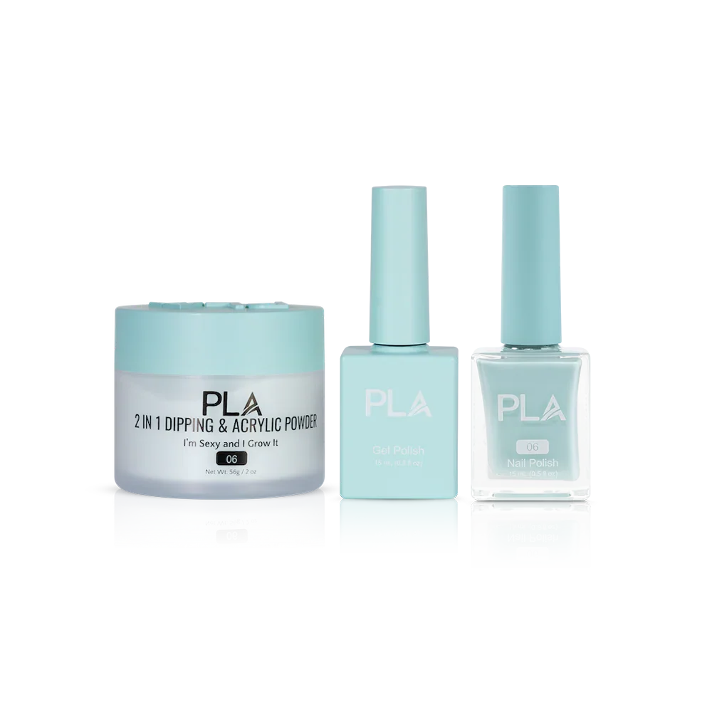 PLA Nail Trio Set (front view of gel polish, lacquer polish, and dip & acrylic powder jar)