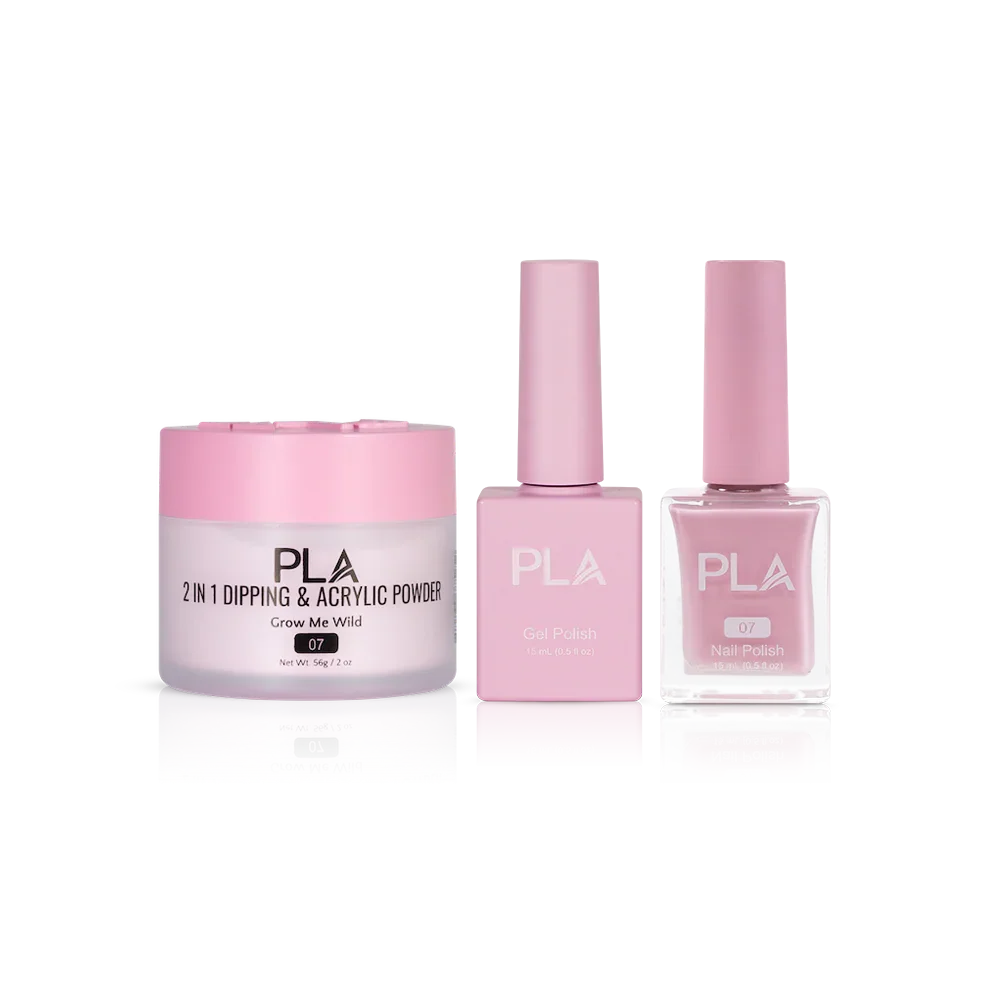 PLA Nail Trio Set (front view of gel polish, lacquer polish, and dip & acrylic powder jar)
