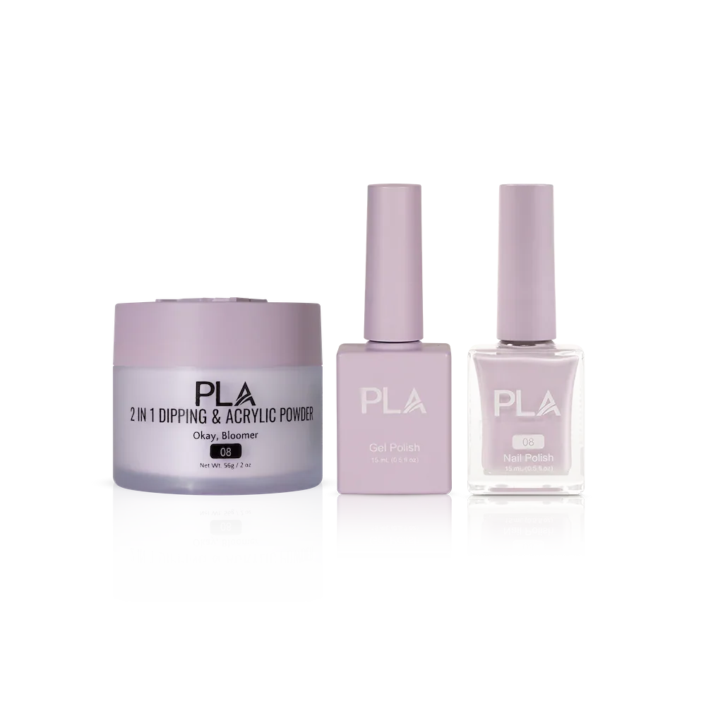 PLA Nail Trio Set (front view of gel polish, lacquer polish, and dip & acrylic powder jar)