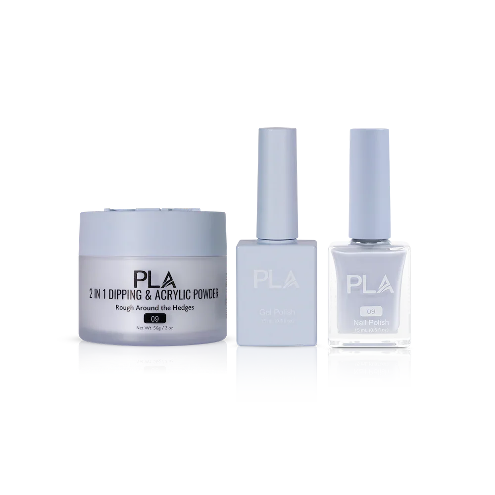 PLA Nail Trio Set (front view of gel polish, lacquer polish, and dip & acrylic powder jar)
