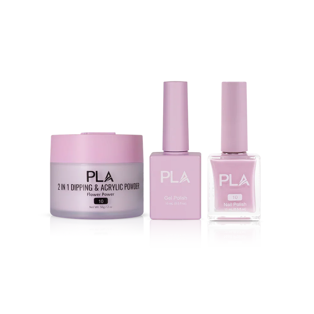 PLA Nail Trio Set (front view of gel polish, lacquer polish, and dip & acrylic powder jar)