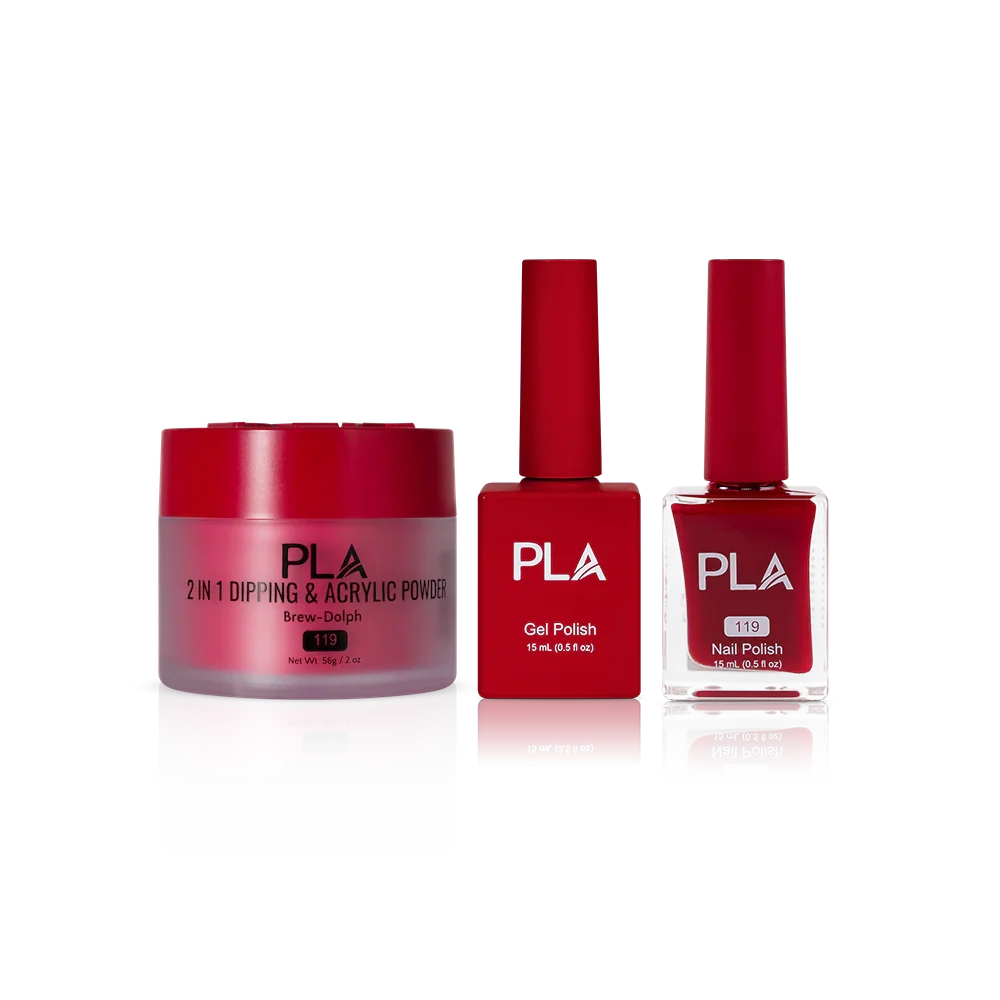 PLA Nail Trio Set (front view of gel polish, lacquer polish, and dip & acrylic powder jar)