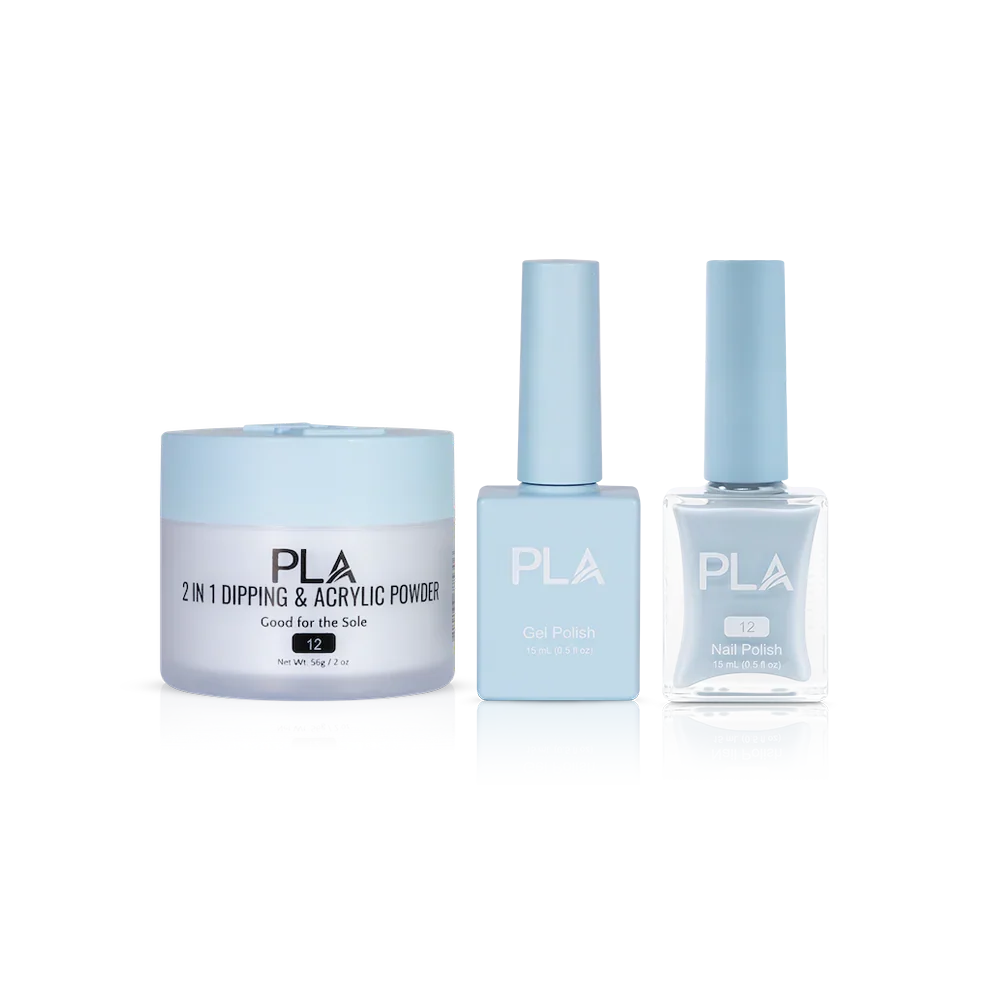 PLA Nail Trio Set (front view of gel polish, lacquer polish, and dip & acrylic powder jar)