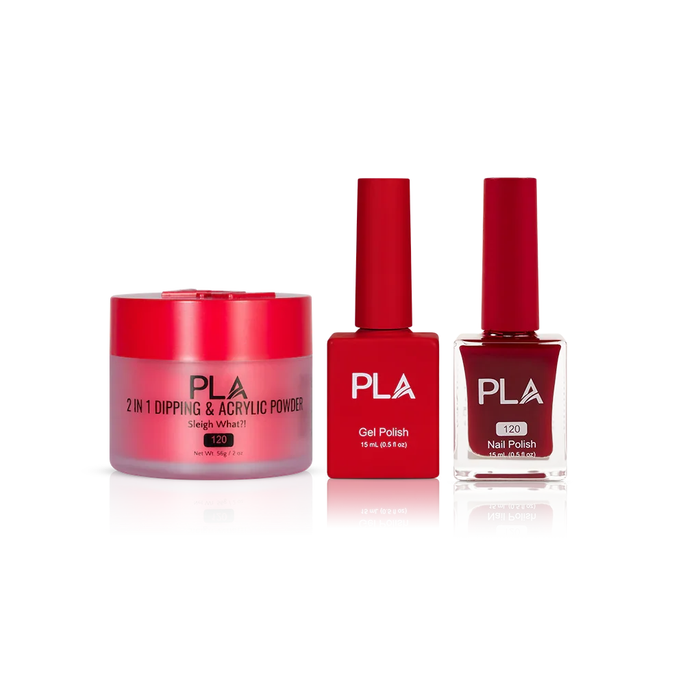 PLA Nail Trio Set (front view of gel polish, lacquer polish, and dip & acrylic powder jar)