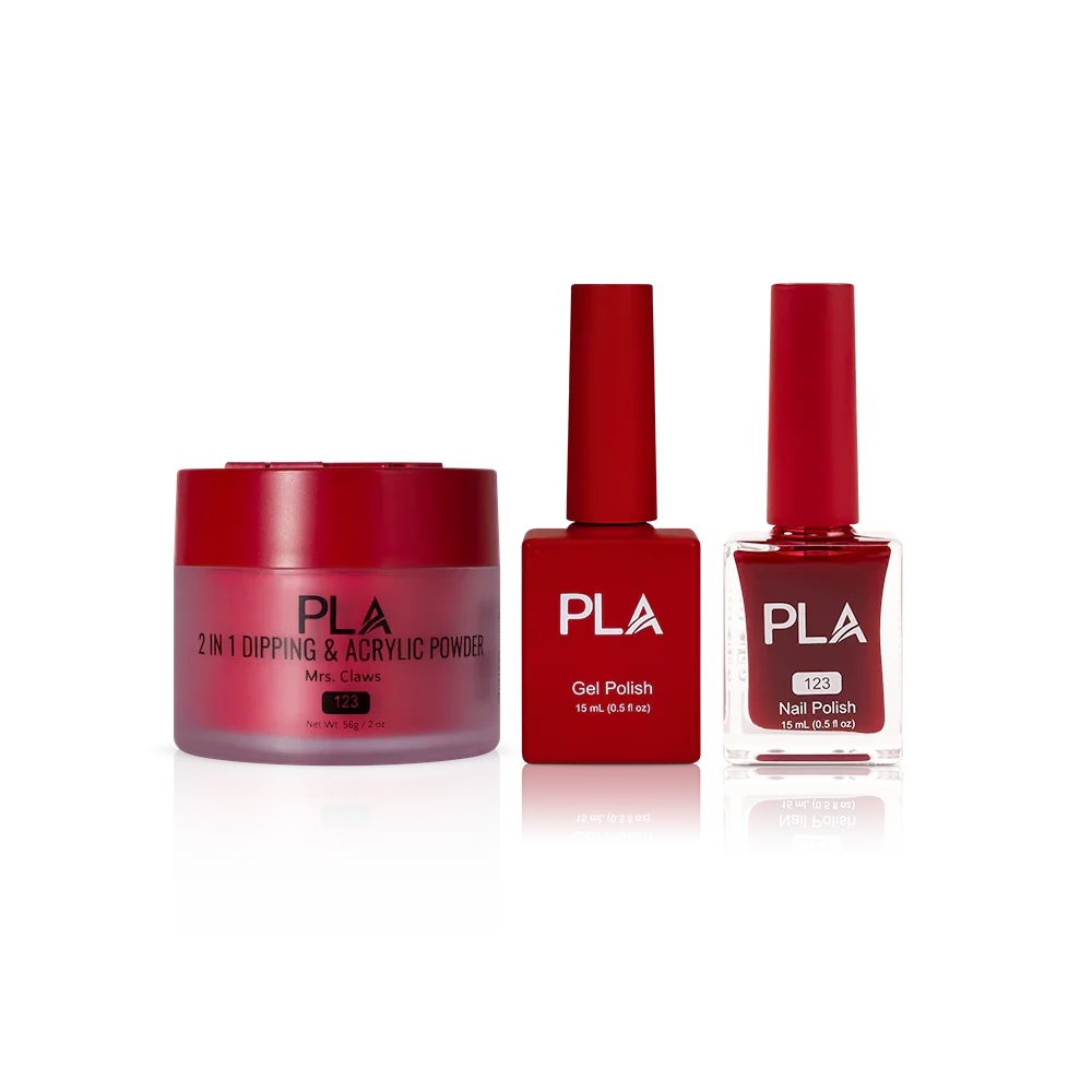PLA Nail Trio Set (front view of gel polish, lacquer polish, and dip & acrylic powder jar)