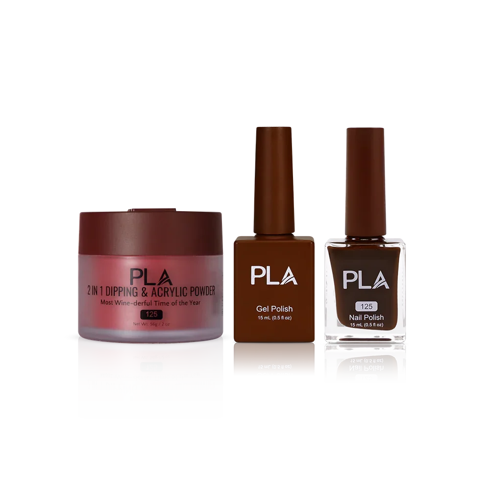 PLA Nail Trio Set (front view of gel polish, lacquer polish, and dip & acrylic powder jar)