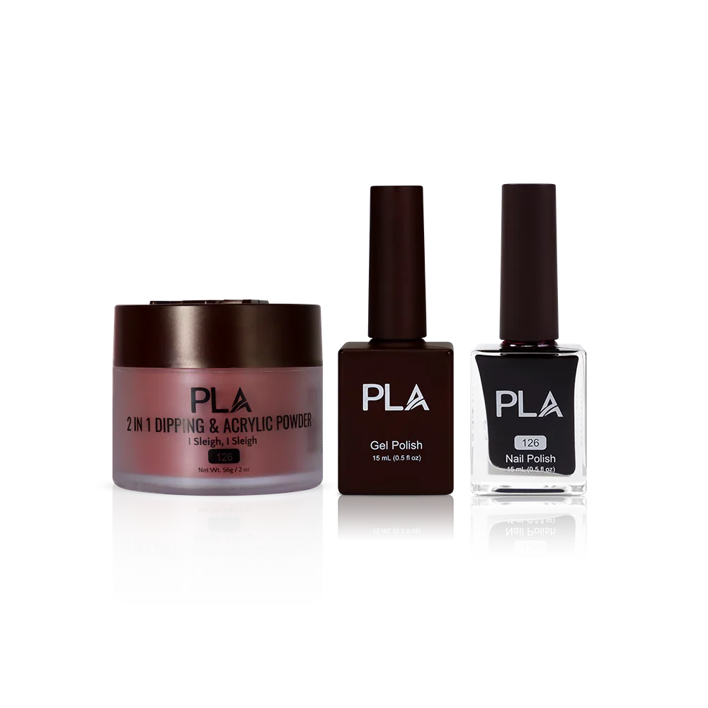 PLA Nail Trio Set (front view of gel polish, lacquer polish, and dip & acrylic powder jar)