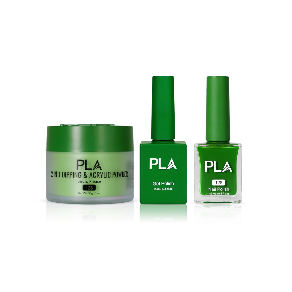 PLA Nail Trio Set (front view of gel polish, lacquer polish, and dip & acrylic powder jar)