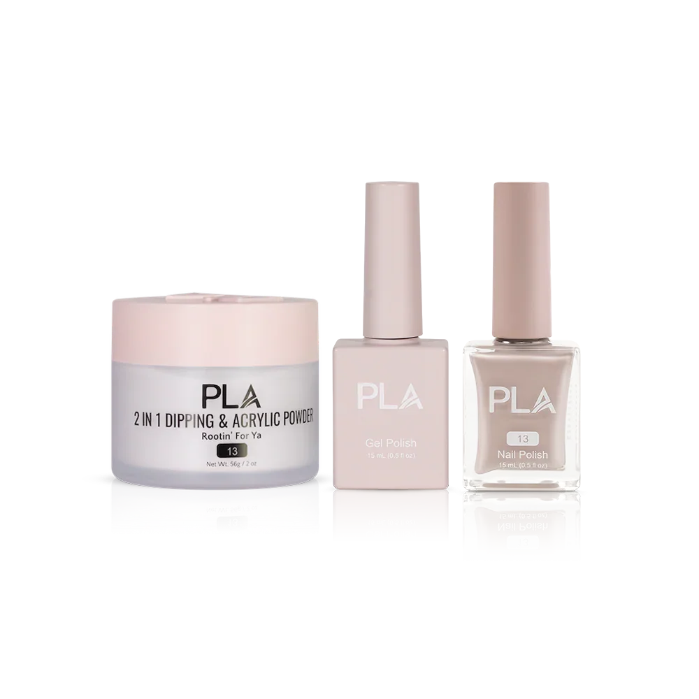 PLA Nail Trio Set (front view of gel polish, lacquer polish, and dip & acrylic powder jar)