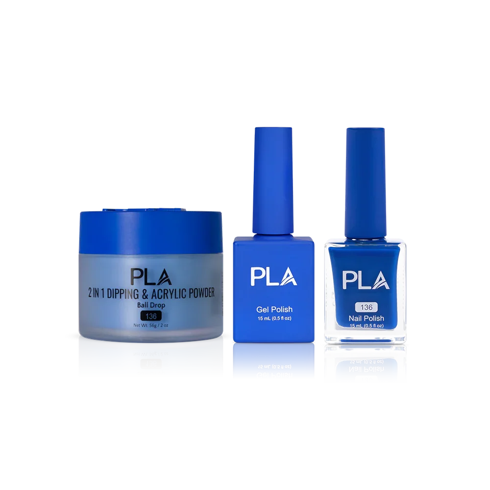 PLA Nail Trio Set (front view of gel polish, lacquer polish, and dip & acrylic powder jar)