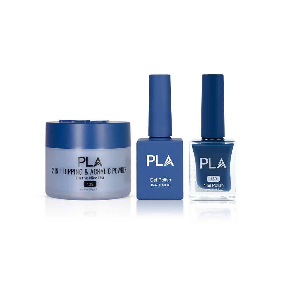 PLA Nail Trio Set (front view of gel polish, lacquer polish, and dip & acrylic powder jar)
