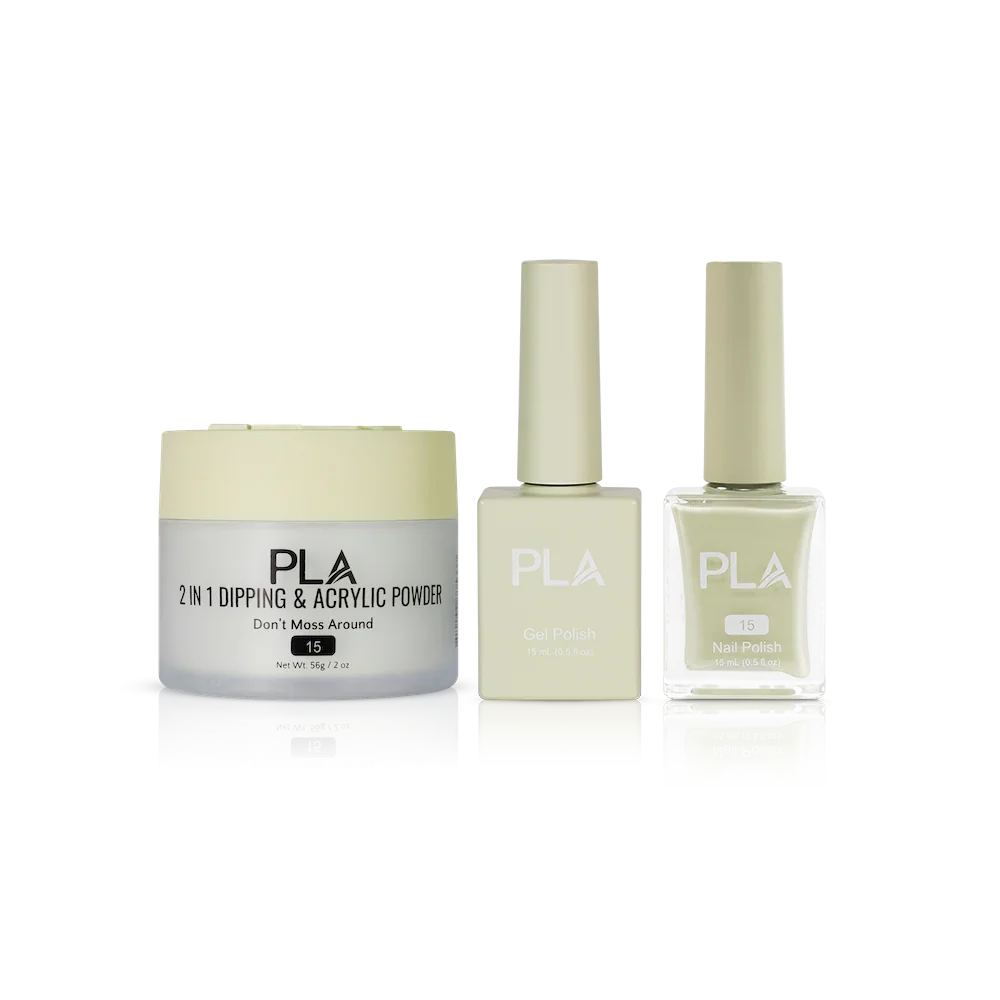 PLA Nail Trio Set (front view of gel polish, lacquer polish, and dip & acrylic powder jar)