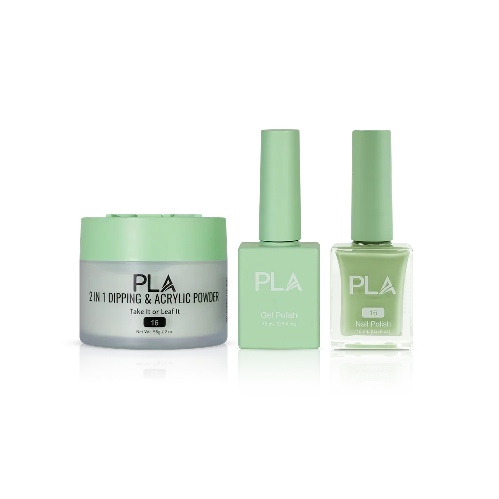 PLA Nail Trio Set (front view of gel polish, lacquer polish, and dip & acrylic powder jar)