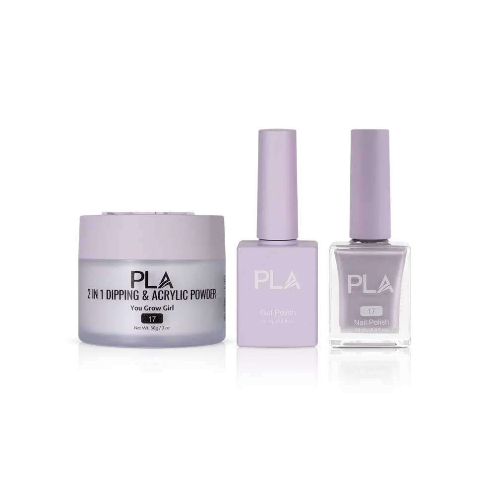 PLA Nail Trio Set (front view of gel polish, lacquer polish, and dip & acrylic powder jar)