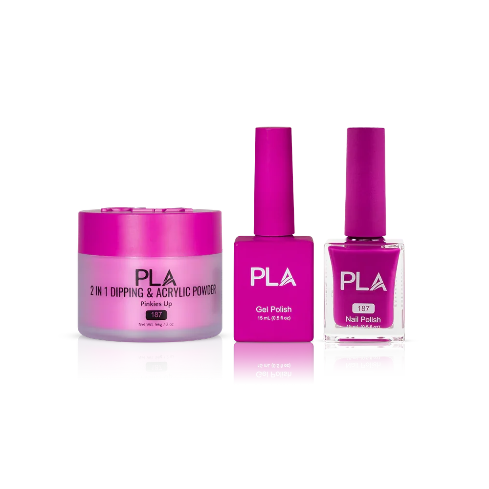 PLA Nail Trio Set (front view of gel polish, lacquer polish, and dip & acrylic powder jar)