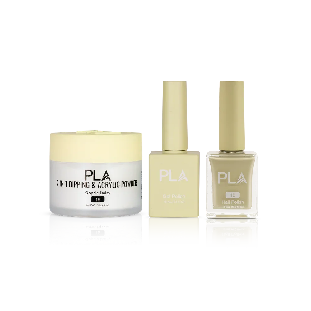PLA Nail Trio Set (front view of gel polish, lacquer polish, and dip & acrylic powder jar)