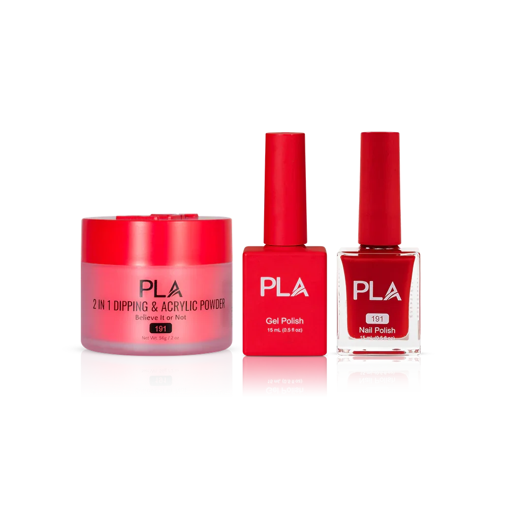 PLA Nail Trio Set (front view of gel polish, lacquer polish, and dip & acrylic powder jar)