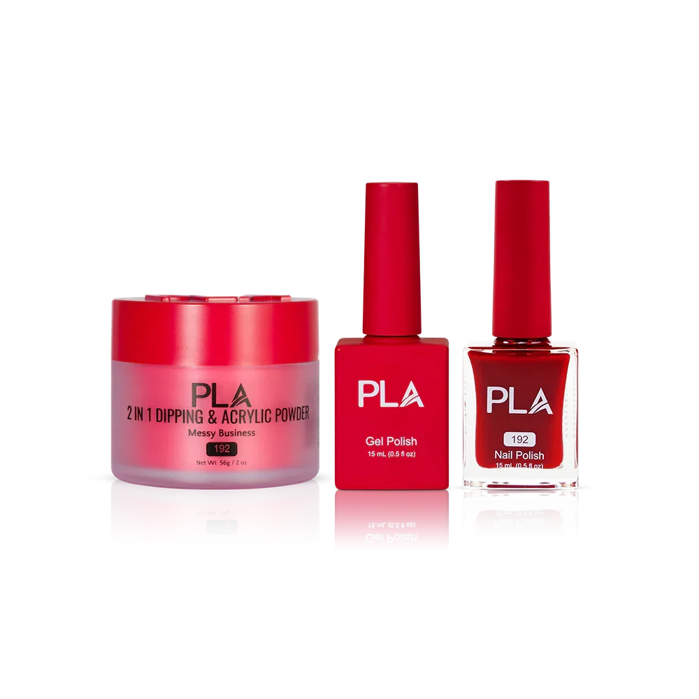 PLA Nail Trio Set (front view of gel polish, lacquer polish, and dip & acrylic powder jar)