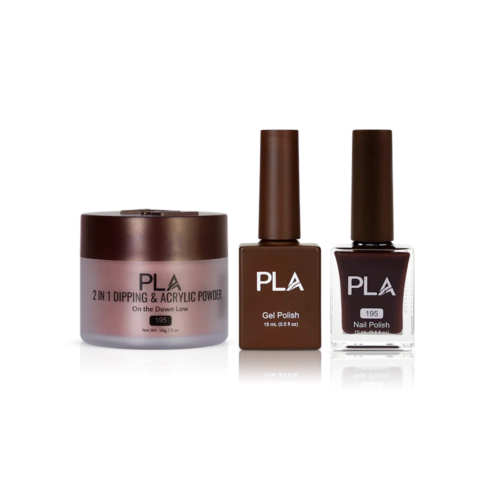 PLA Nail Trio Set (front view of gel polish, lacquer polish, and dip & acrylic powder jar)