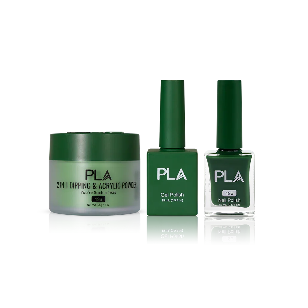 PLA Nail Trio Set (front view of gel polish, lacquer polish, and dip & acrylic powder jar)