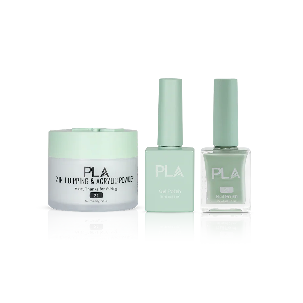 PLA Nail Trio Set (front view of gel polish, lacquer polish, and dip & acrylic powder jar)