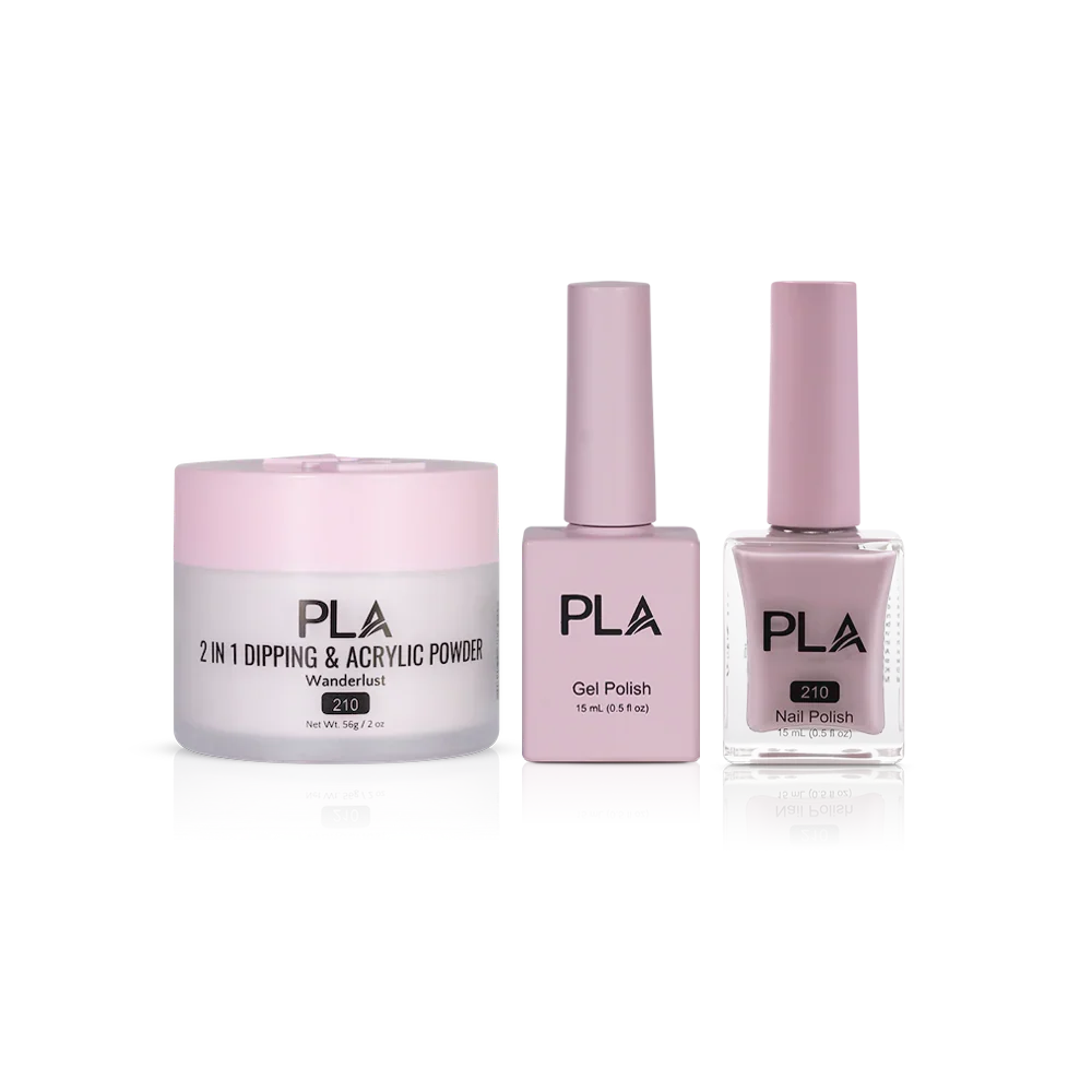 PLA Nail Trio Set (front view of gel polish, lacquer polish, and dip & acrylic powder jar)