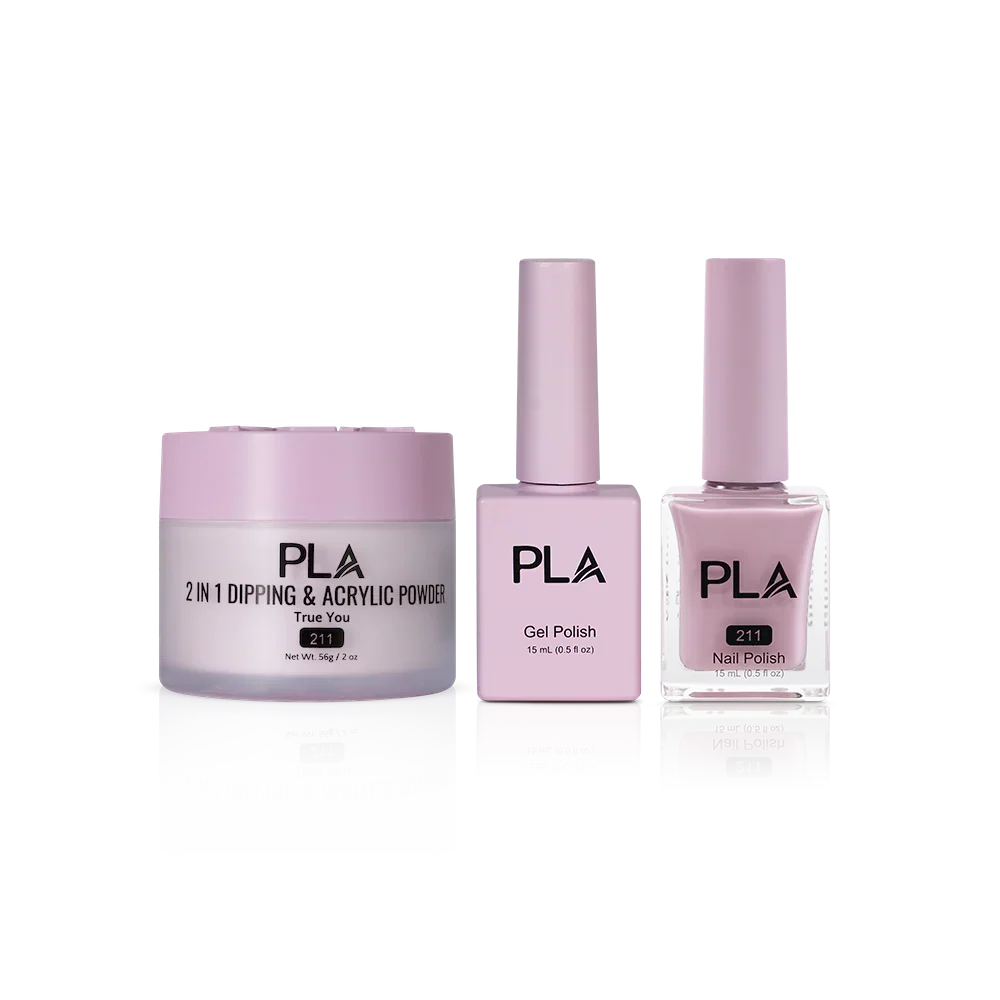PLA Nail Trio Set (front view of gel polish, lacquer polish, and dip & acrylic powder jar)