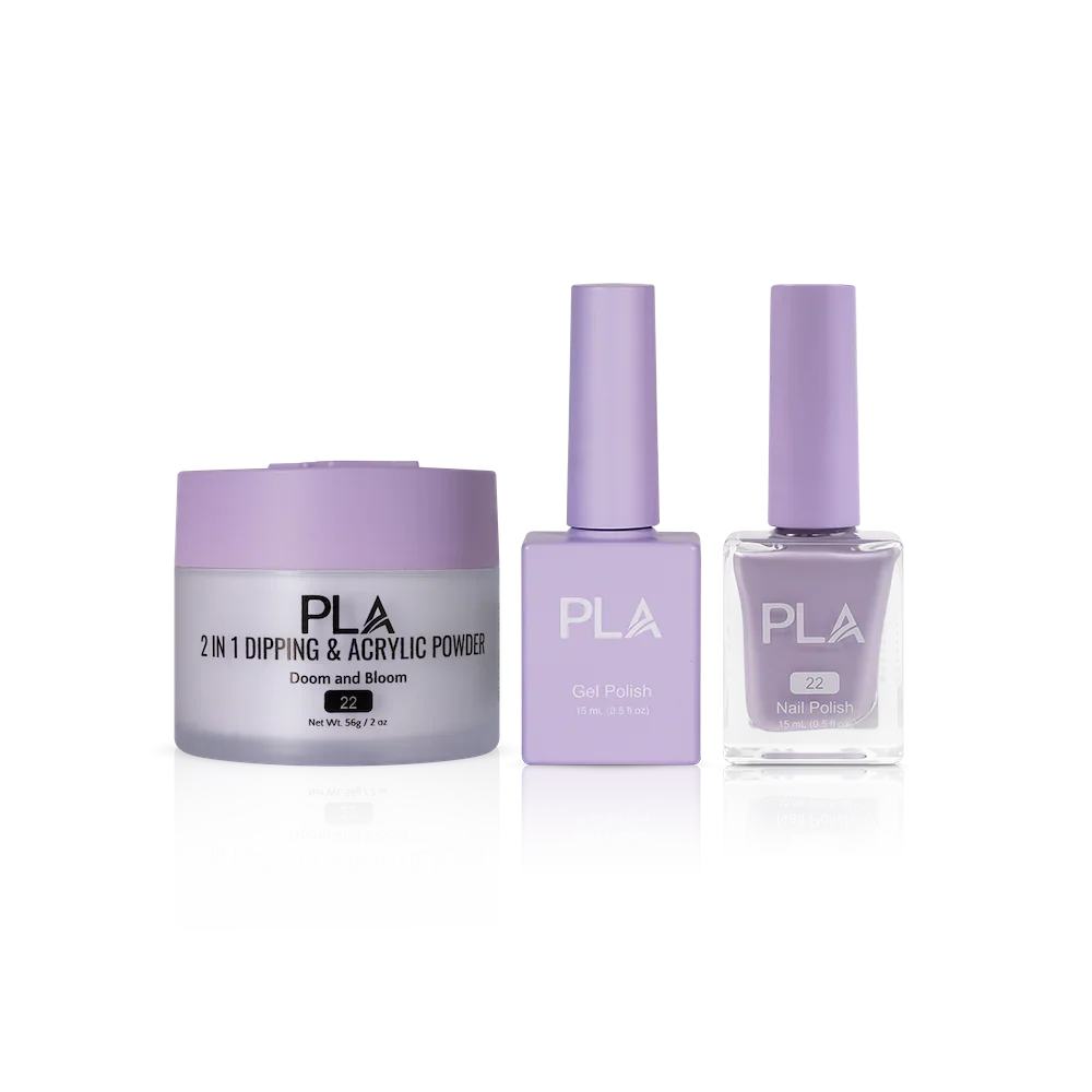 PLA Nail Trio Set (front view of gel polish, lacquer polish, and dip & acrylic powder jar)