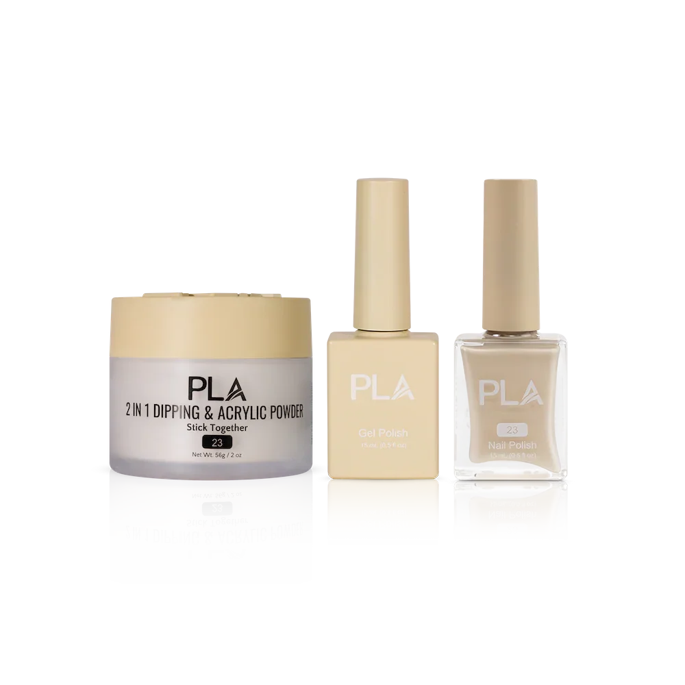 PLA Nail Trio Set (front view of gel polish, lacquer polish, and dip & acrylic powder jar)