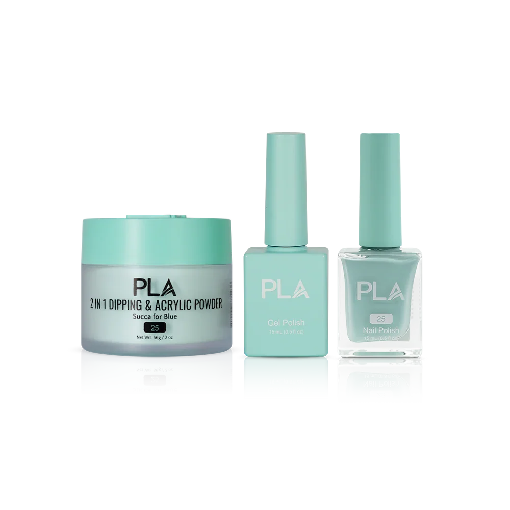 PLA Nail Trio Set (front view of gel polish, lacquer polish, and dip & acrylic powder jar)