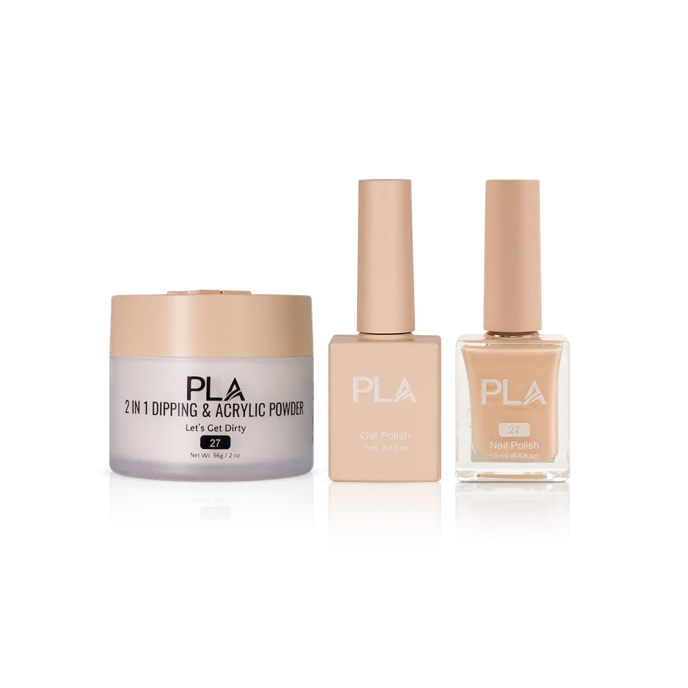 PLA Nail Trio Set (front view of gel polish, lacquer polish, and dip & acrylic powder jar)