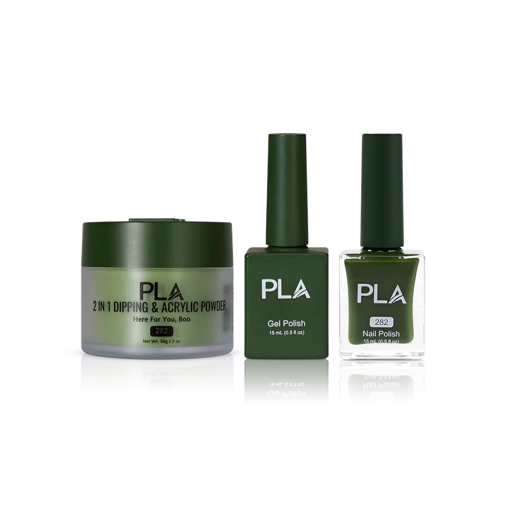 PLA Nail Trio Set (front view of gel polish, lacquer polish, and dip & acrylic powder jar)