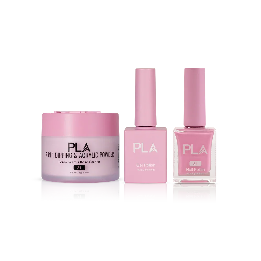 PLA Nail Trio Set (front view of gel polish, lacquer polish, and dip & acrylic powder jar)
