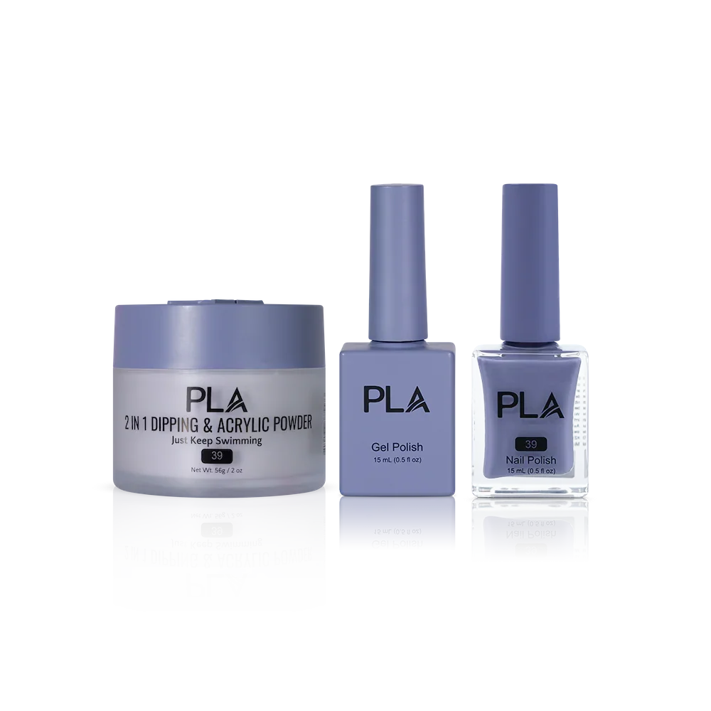 PLA Nail Trio Set (front view of gel polish, lacquer polish, and dip & acrylic powder jar)